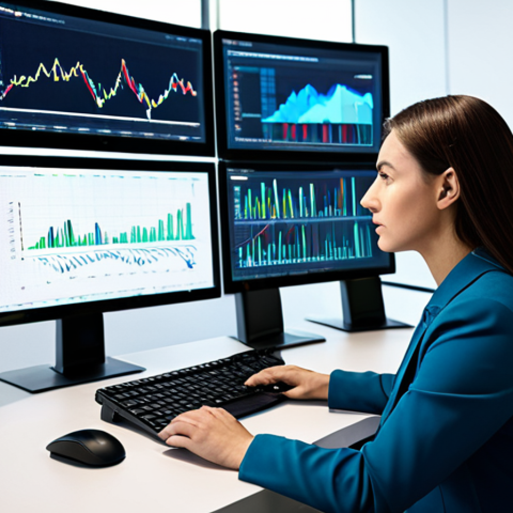 A focused professional woman in a modest business suit, sitting at a modern desk, surrounded by multiple computer screens displaying complex data visualizations, charts, and abstract AI algorithms. The office environment is sleek and well-lit, suggesting innovation and deep analysis. She is actively engaging with the data, perhaps with a stylus or looking intently at a screen. Fully clothed, appropriate attire, safe for work, professional, perfect anatomy, correct proportions, natural pose, well-formed hands, proper finger count, natural body proportions, professional photography, high quality, appropriate content, family-friendly.