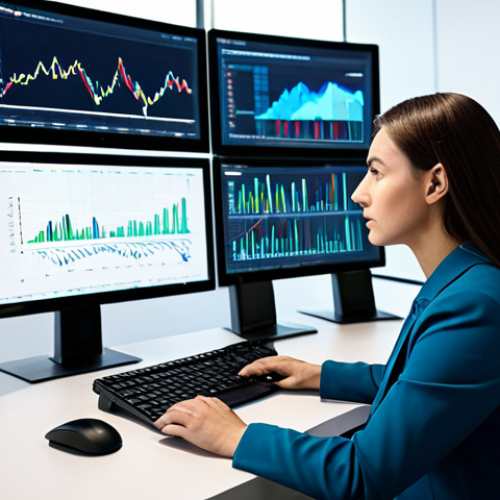 A focused professional woman in a modest business suit, sitting at a modern desk, surrounded by multiple computer screens displaying complex data visualizations, charts, and abstract AI algorithms. The office environment is sleek and well-lit, suggesting innovation and deep analysis. She is actively engaging with the data, perhaps with a stylus or looking intently at a screen. Fully clothed, appropriate attire, safe for work, professional, perfect anatomy, correct proportions, natural pose, well-formed hands, proper finger count, natural body proportions, professional photography, high quality, appropriate content, family-friendly.