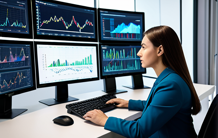 A focused professional woman in a modest business suit, sitting at a modern desk, surrounded by multiple computer screens displaying complex data visualizations, charts, and abstract AI algorithms. The office environment is sleek and well-lit, suggesting innovation and deep analysis. She is actively engaging with the data, perhaps with a stylus or looking intently at a screen. Fully clothed, appropriate attire, safe for work, professional, perfect anatomy, correct proportions, natural pose, well-formed hands, proper finger count, natural body proportions, professional photography, high quality, appropriate content, family-friendly.