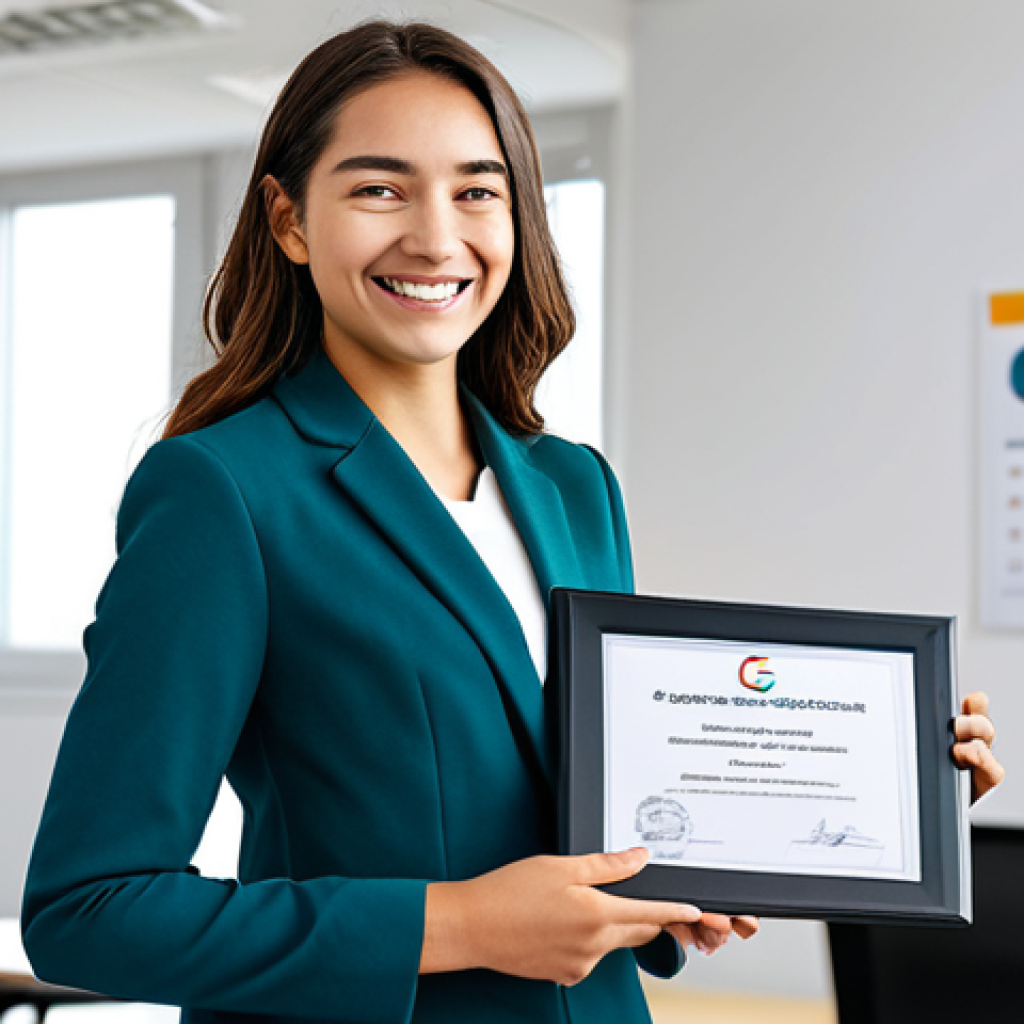 디지털 마케팅 자격증 종류와 취득 방법 - Digital Marketing Certification Success** "A young professional woman, smiling confidently, fully c...
