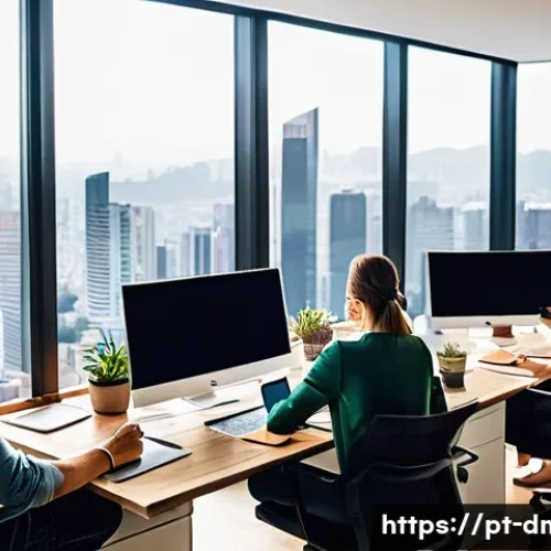디지털 마케팅 전공자를 위한 진로 가이드 - A modern digital marketing office environment with a diverse team of professionals collaborating ove...