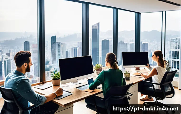 디지털 마케팅 전공자를 위한 진로 가이드 - A modern digital marketing office environment with a diverse team of professionals collaborating ove...