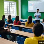 디지털 마케팅 학위 vs 자격증 비교 - A professional classroom scene in Brazil, showing diverse young adults attentively listening to a ma...